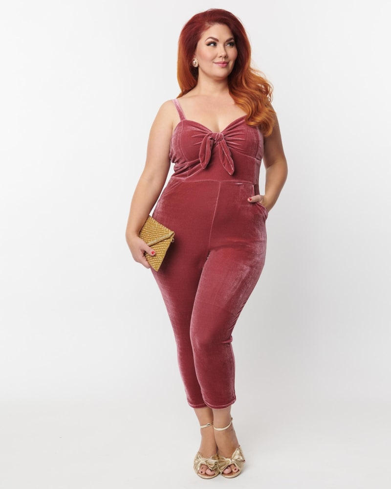 Front of a model wearing a size L Unique Vintage Dusty Rose Velvet Cropped Jumpsuit in Pink by Unique Vintage. | dia_product_style_image_id:287596